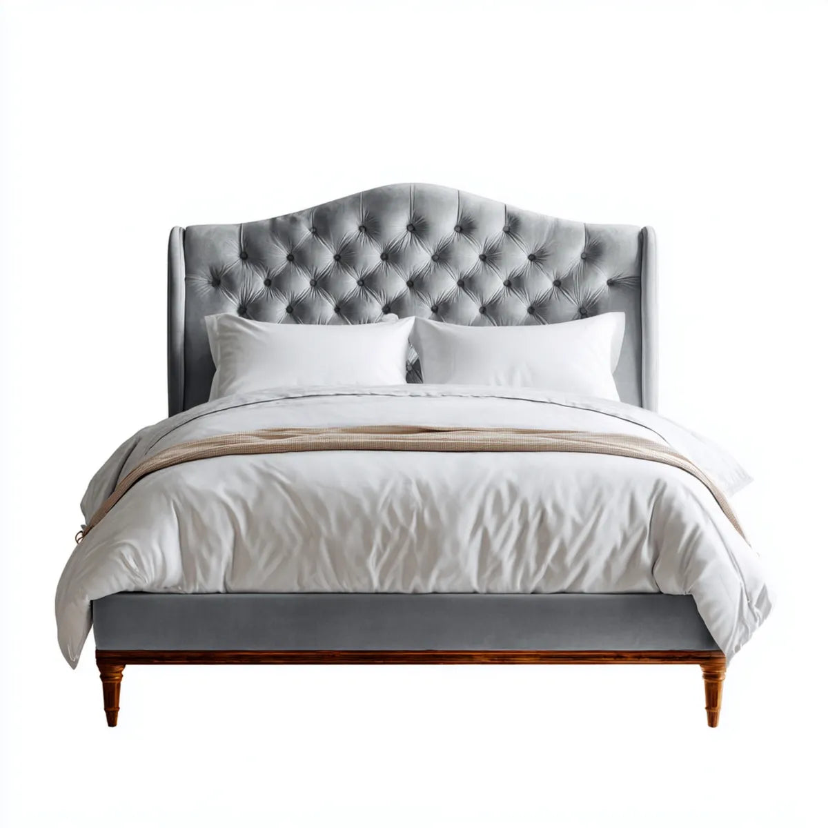 Letto matrimoniale imbottito grigio 160 x 200 cm in velluto di poliestere con testiera capitonné sagomata