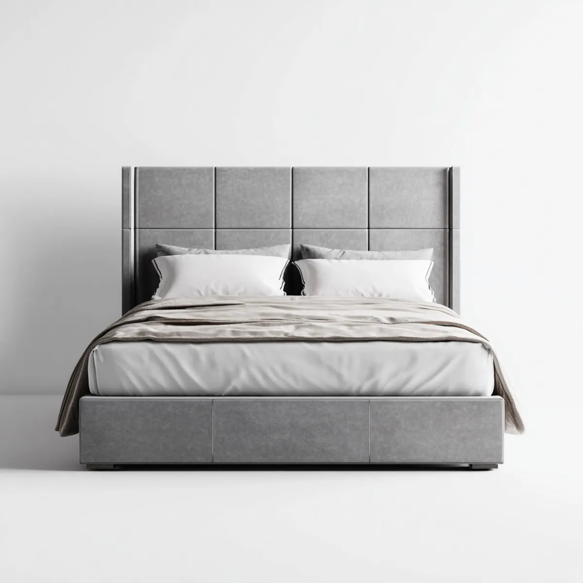 Letto matrimoniale imbottito grigio 160 x 200 cm in microfibra di poliestere con testiera rettangolare a pannelli