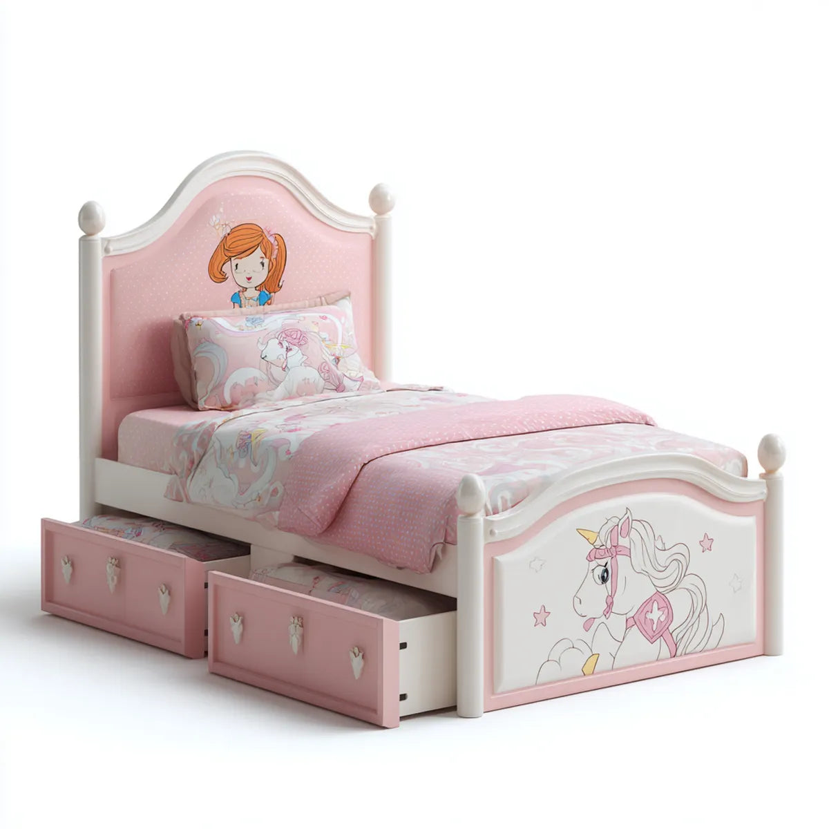 Letto singolo per bambini rosa e bianco 90 x 200 cm in MDF e legno massello con testiera arcuata e 2 cassetti